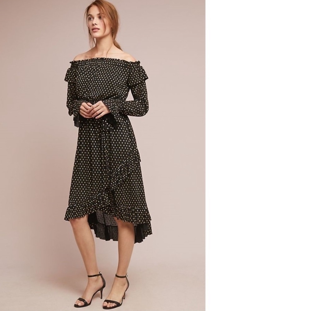 Anthropologie Shoshanna Medley Off-the-Shoulder Ruffle Dot Dress Size 12